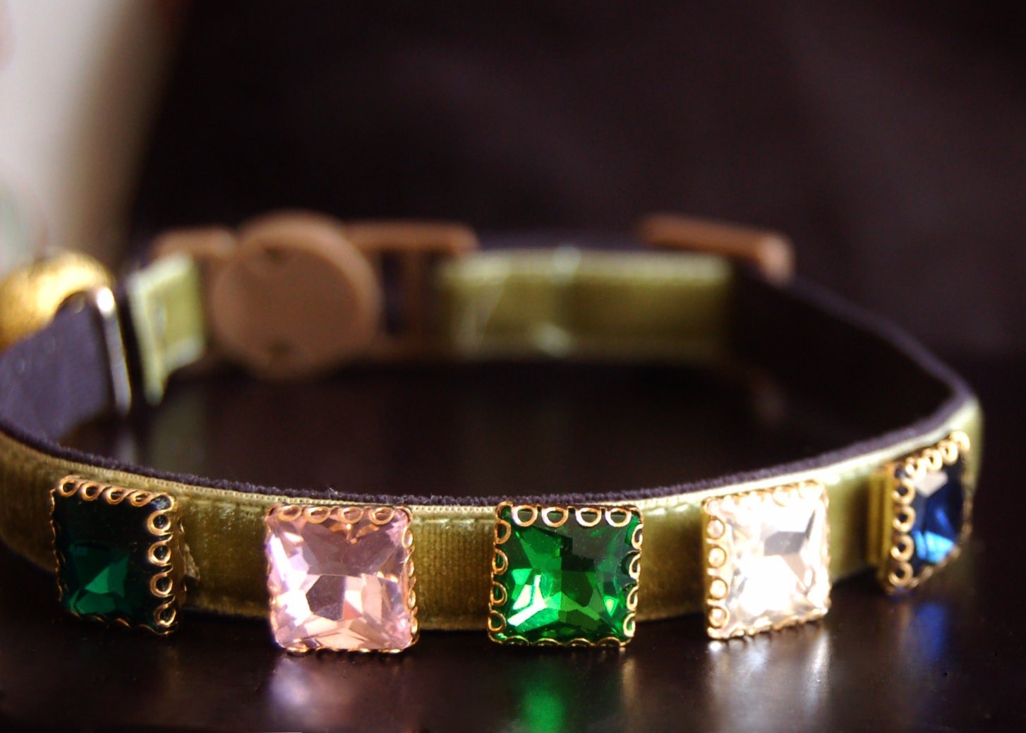 Beautiful rhinestone Cat collar, velvet dog olive green ollar,Kitten collar. Tiny dog collar, Birthday cat gift,kitty collar. puppy collar.