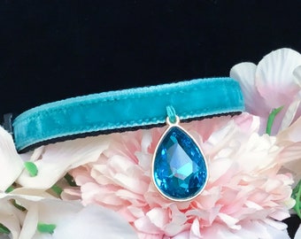 Niedliches blaues Katzenhalsband,Strass Katzenhalsband,blau samtiges kleines Hundehalsband,Kätzchenhalsband