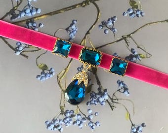 Luxury peacock blue rhinestone Cat collar,hot pink velvet small dog collar,breakaway Cat collar.Tea cup dog collar kitty collar.puppy collar