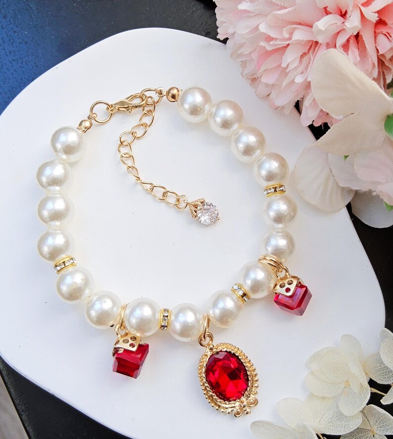 Cute Red Princess cat necklace.cat gift.rhinestone tiny dog wedding necklace.pearl puppy necklace.dog Birthday gift dog pearl necklace image 5