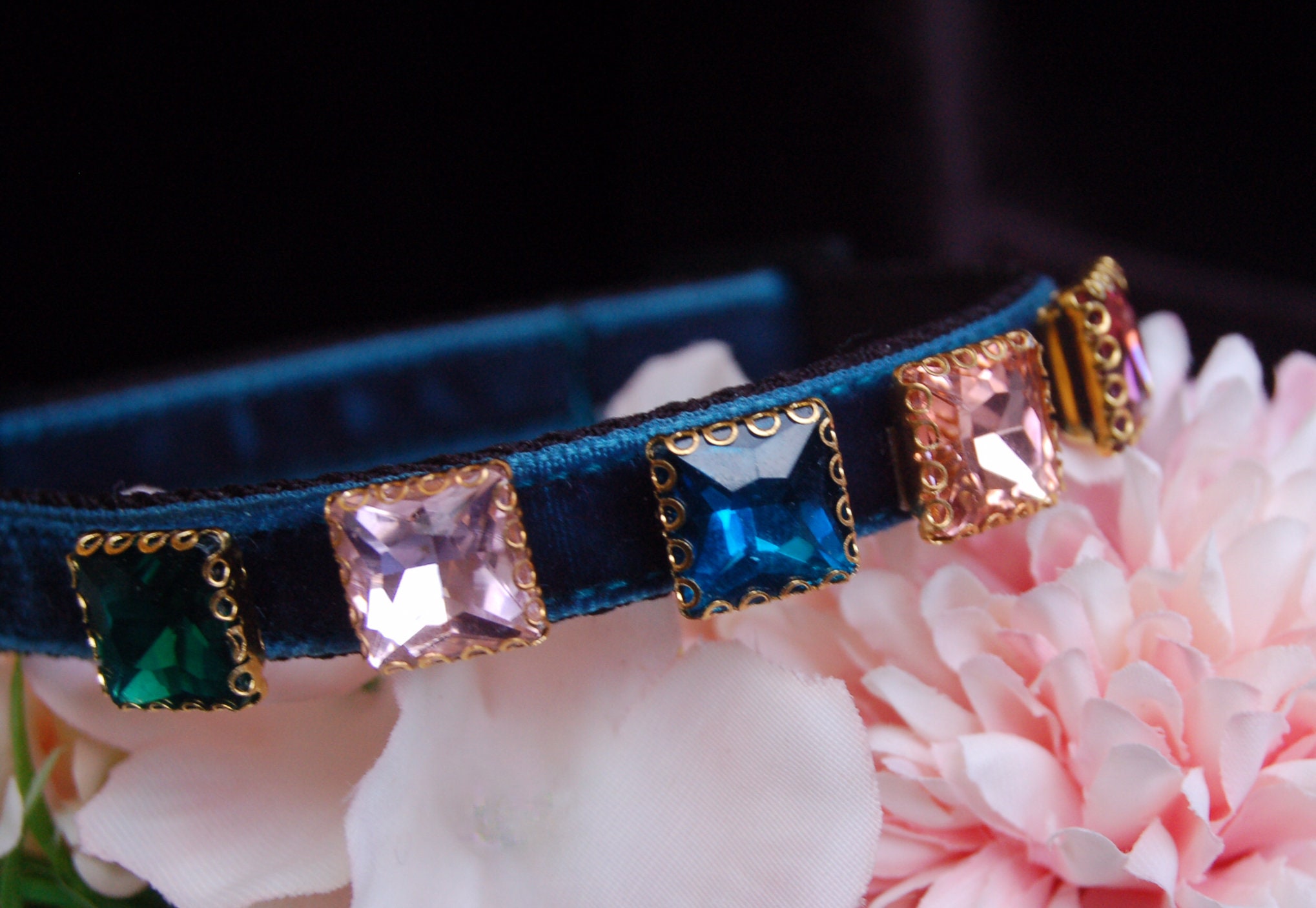 Beautiful rhinestone Cat collar cute peacock blue velvet Etsy
