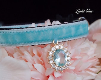 Princess Cat collar,rhinestone Cat collar,light blue velvet dog collar,Kitten collar.Tiny dog collar,Tea cup dog ,kitty collar.puppy collar