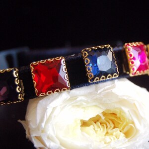 Beautiful colorful  rhinestone Cat collar,dark navy velvet small dog collar,Kitten collar.Tiny dog collar,Tea cup gift,kitty .puppy collar