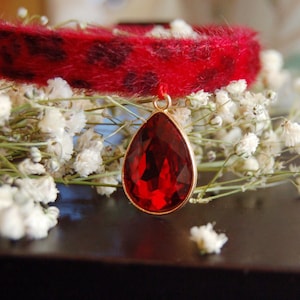 May include: A red faux fur collar with a dangling red gemstone pendant.