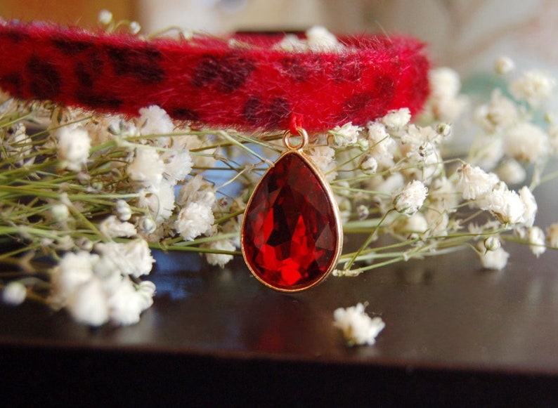 May include: A red faux fur collar with a dangling red gemstone pendant.
