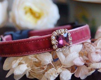 Beautiful rhinestone Cat collar, Dusky rose velvet small dog collar,Kitten collar.Tiny dog collar, Birthday cat gift,kitty collar,puppy gif