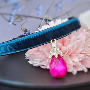 Cute hot pink rhinestone Cat collar,breakaway peacock blue velvet dog collar.Tiny dog collar,Tea cup dog collar,kitty collar.puppy collar.