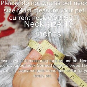May include: Close-up of a white dog's neck being measured with a yellow tape measure. The tape measure reads 10 inches. Text on the image reads: "Please do not Guess pet neck size Must measure your pet current neck CORRECT! Neck size: 10 inches Please use a soft measuring tape around pet Neck measure your pet neck Correct! made to order. There is no return, everyone gets brand new collar for your lovely pet."