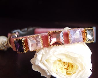 Beautiful rhinestone Cat collar,vintage pink velvet small dog collar,Teacup Tiny dog collar, Birthday cat gift,kitty collar.puppy collar