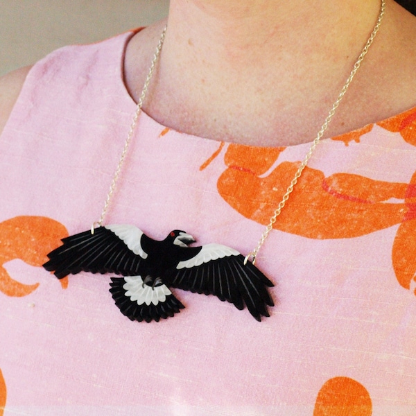 RESERVED FOR SARAH - Swooping Magpie Necklace - Black and White Laser Cut Acrylic