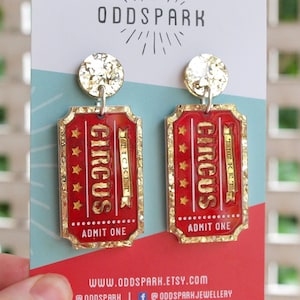Vintage Style Circus Ticket Dangly Earrings 'Admit One' in Laser Cut Acrylic