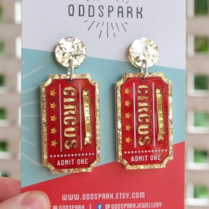 Vintage Style Circus Ticket Dangly Earrings 'Admit One' in Laser Cut Acrylic