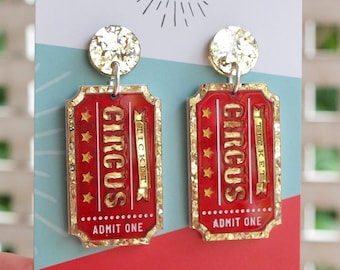 Vintage Style Circus Ticket Dangly Earrings 'Admit One' in Laser Cut Acrylic