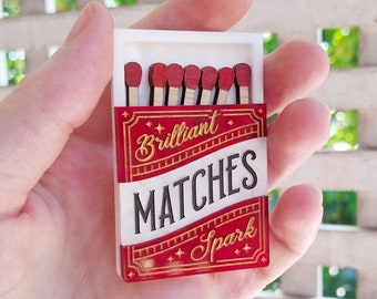 Red Matchbox "Briliant Spark' Brooch, with fake loose matches, vintage inspired - in Laser Cut Acrylic