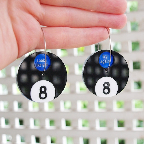 Interactive Magic 8 Ball Hoop Earrings in Laser Cut Acrylic