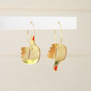 Interactive Thumbs Up / Down Earrings in Gold Mirror Laser Cut Acrylic image 1