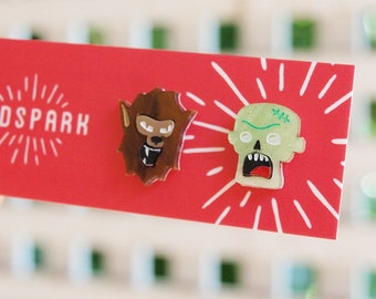 Creature Double Feature Horror Movie Inspired Stud Earrings - Wolfman and Zombie - in Laser Cut Acrylic