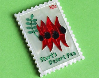 Sturt's Desert Pea Postage Stamp brooch in laser cut acrylic