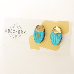 Beetle Stud Earrings in Gold Mirror and Light Blue Acrylic
