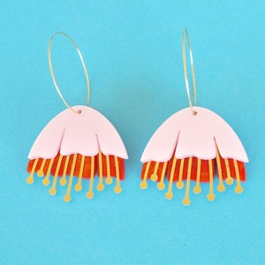 Brass, Pink and Orange Flower Hoop Earrings in Laser Cut Acrylic