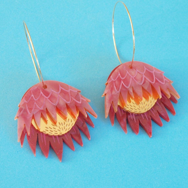 Large Protea Flower Hoop Earrings in Laser Cut Acrylic