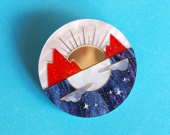 Sun and Moon Reversible Brooch in Laser Cut Acrylic