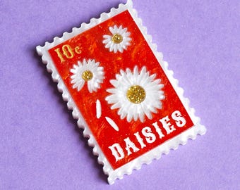 Daisy Postage Stamp brooch in laser cut acrylic