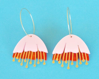 Brass, Pink and Orange Flower Hoop Earrings in Laser Cut Acrylic