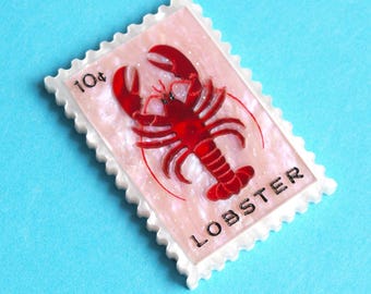 Lobster Postage Stamp brooch in laser cut acrylic