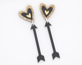 Heart and Arrow Dangly Earrings in Black and Gold Acrylic