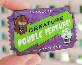 Creature Double Feature Horror Movie Inspired Ticket Brooch 'Admit One' in Laser Cut Acrylic