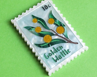 Golden Wattle Postage Stamp brooch in laser cut acrylic