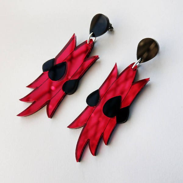 Sturt's Desert Pea Dangly Earrings in Red Mirror and Black Acrylic