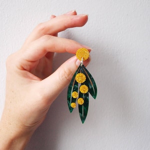 Golden Wattle Dangly Earrings in Swirly Green and Glittery Yellow Acrylic
