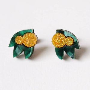 Golden Wattle Stud Earrings in Swirly Green and Glittery Yellow Acrylic