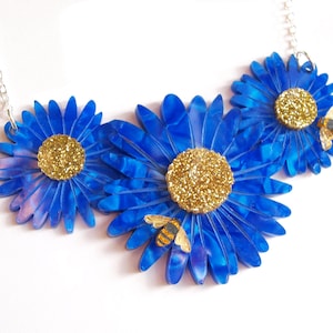 Blue Gerbera Necklace in Blue Marbled Acrylic and Glittery Gold Acrylic image 1