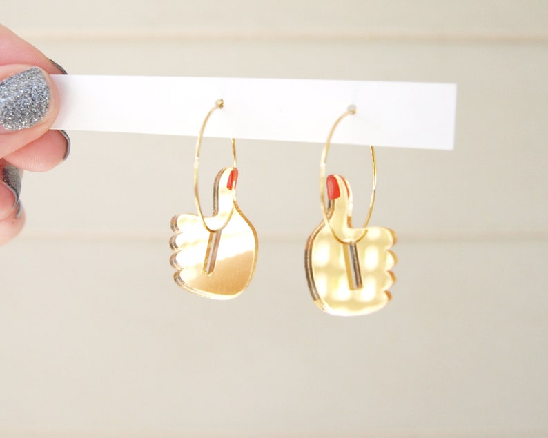 Interactive Thumbs Up / Down Earrings in Gold Mirror Laser Cut Acrylic image 3