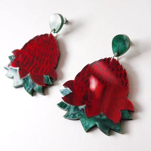 Waratah Large Dangly Earrings in Red Mirror and Swirly Green Acrylic