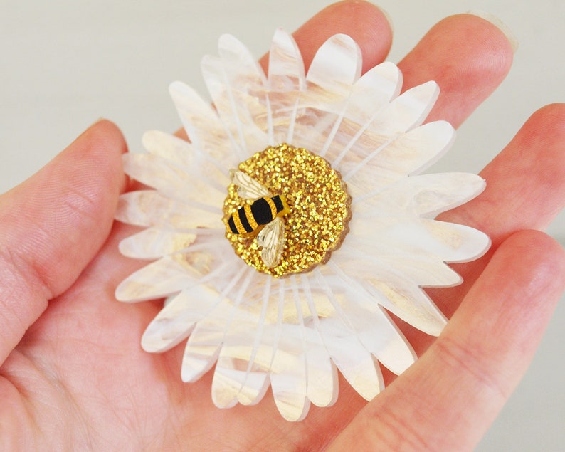 Daisy & Bee Brooch in White Marbled Acrylic image 2