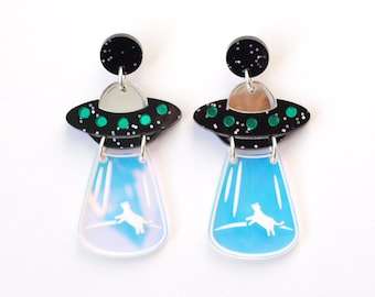 UFO Dangly Earrings in Black Glitter Acrylic