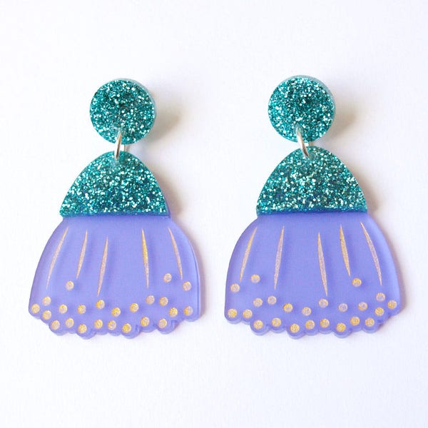 Flowering Gum Dangly Earrings in Frosted Purple and Teal Glitter Acrylic