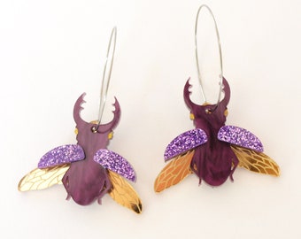 Stag Beetle Hoop Earrings in Gold Mirror and Purple Acrylic