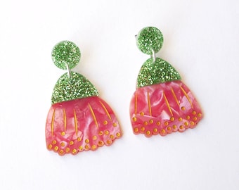 Flowering Gum Dangly Earrings in Marbled Pink and Green Glitter Acrylic