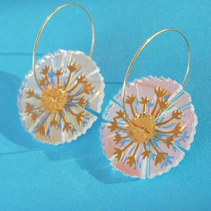 Iridescent Dandelion Hoop Earrings in Brass and Laser Cut Acrylic
