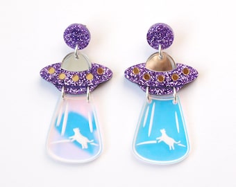 UFO Dangly Earrings in Purple Glitter Acrylic