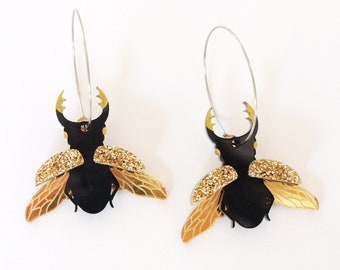 Stag Beetle Hoop Earrings in Gold Mirror and Black Acrylic