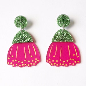 Flowering Gum Dangly Earrings in Frosted Magenta and Green Glitter Acrylic