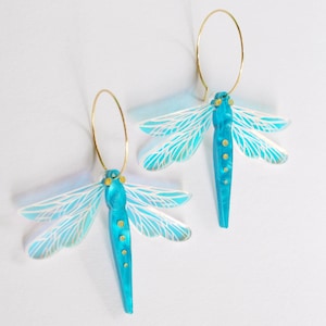 Dragonfly Hoop Earrings in Iridescent and Blue Acrylic