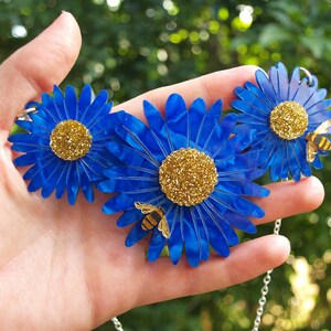 Blue Gerbera Necklace in Blue Marbled Acrylic and Glittery Gold Acrylic image 3