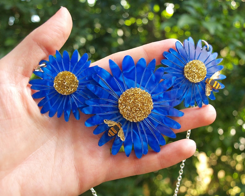 Blue Gerbera Necklace in Blue Marbled Acrylic and Glittery Gold Acrylic image 3